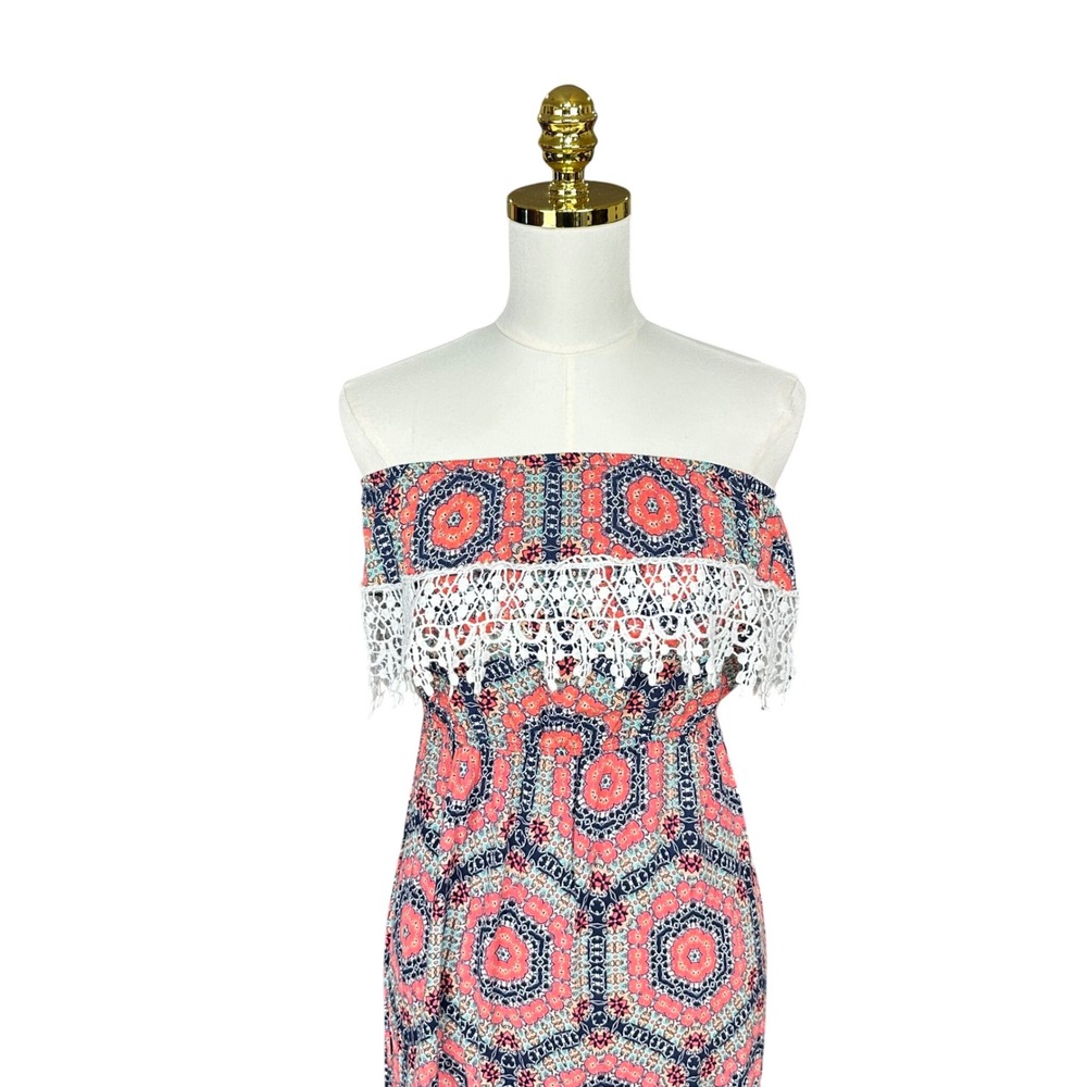 Trixxi Strapless Maxi Dress Geometric Medallion Crochet Lace Smocked Waist - Picture 2 of 7